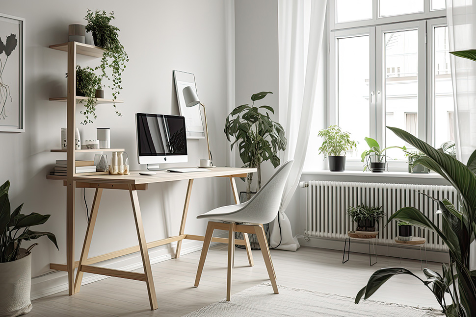 Schön eingerichtetes Homeoffice / Arbeitszimmer mit weissen Vorhängen