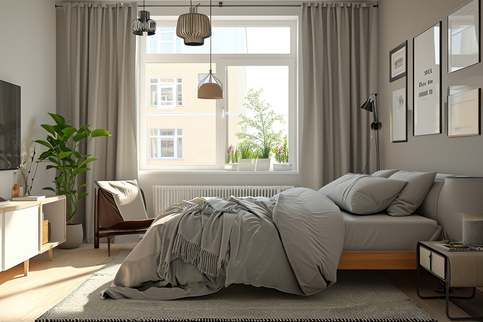 Grauer Vorhang im Schlafzimmer